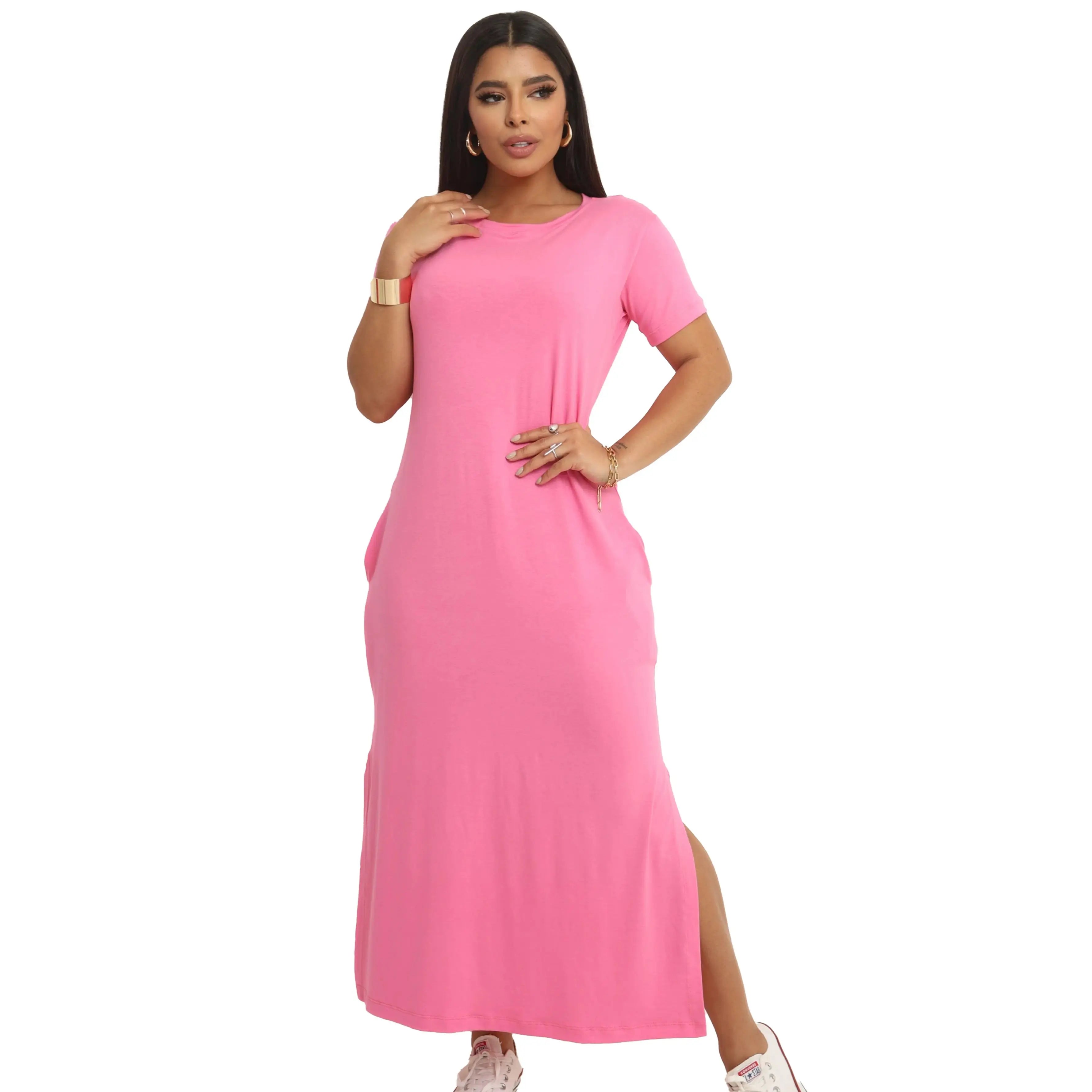 Vestido longo de renda com bolsos de viscolycra e lateral