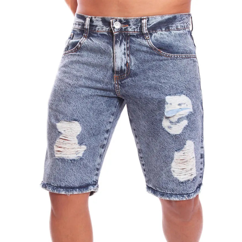 Short masculina jeans rasgada sem elastano