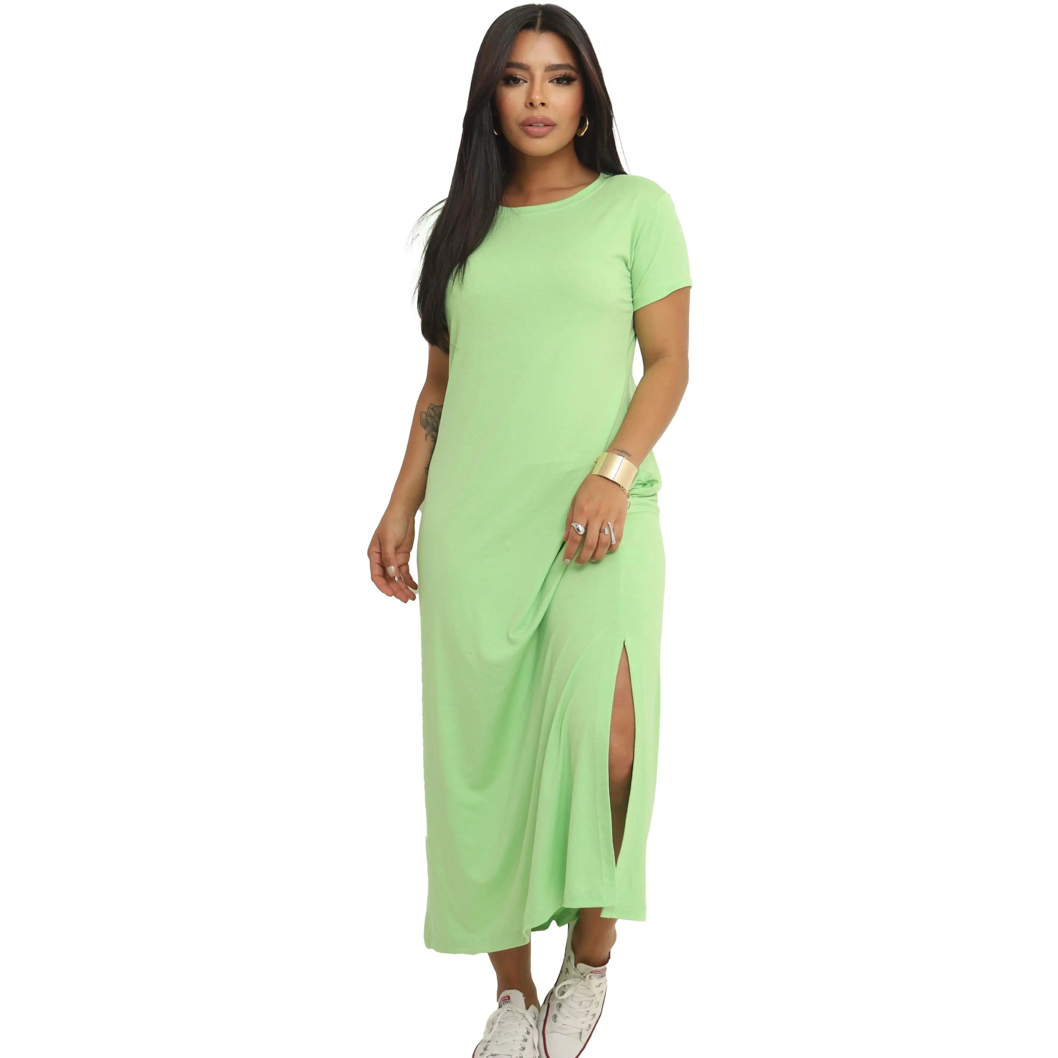 Vestido longo de renda com bolsos de viscolycra e lateral