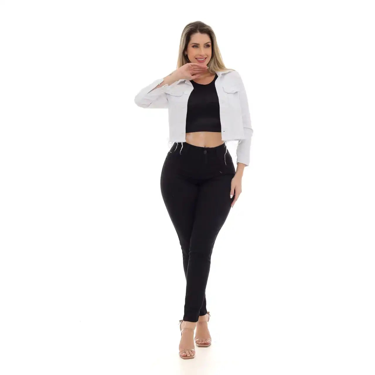 Jaqueta Feminina Cropeed Jeans Branca Desfiada
