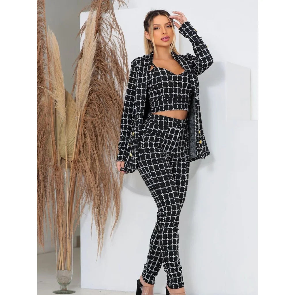 Conjunto BLAZER 3 pecas Alfaiataria + Croped + calca conjunto feminino risca de giz xadrez
