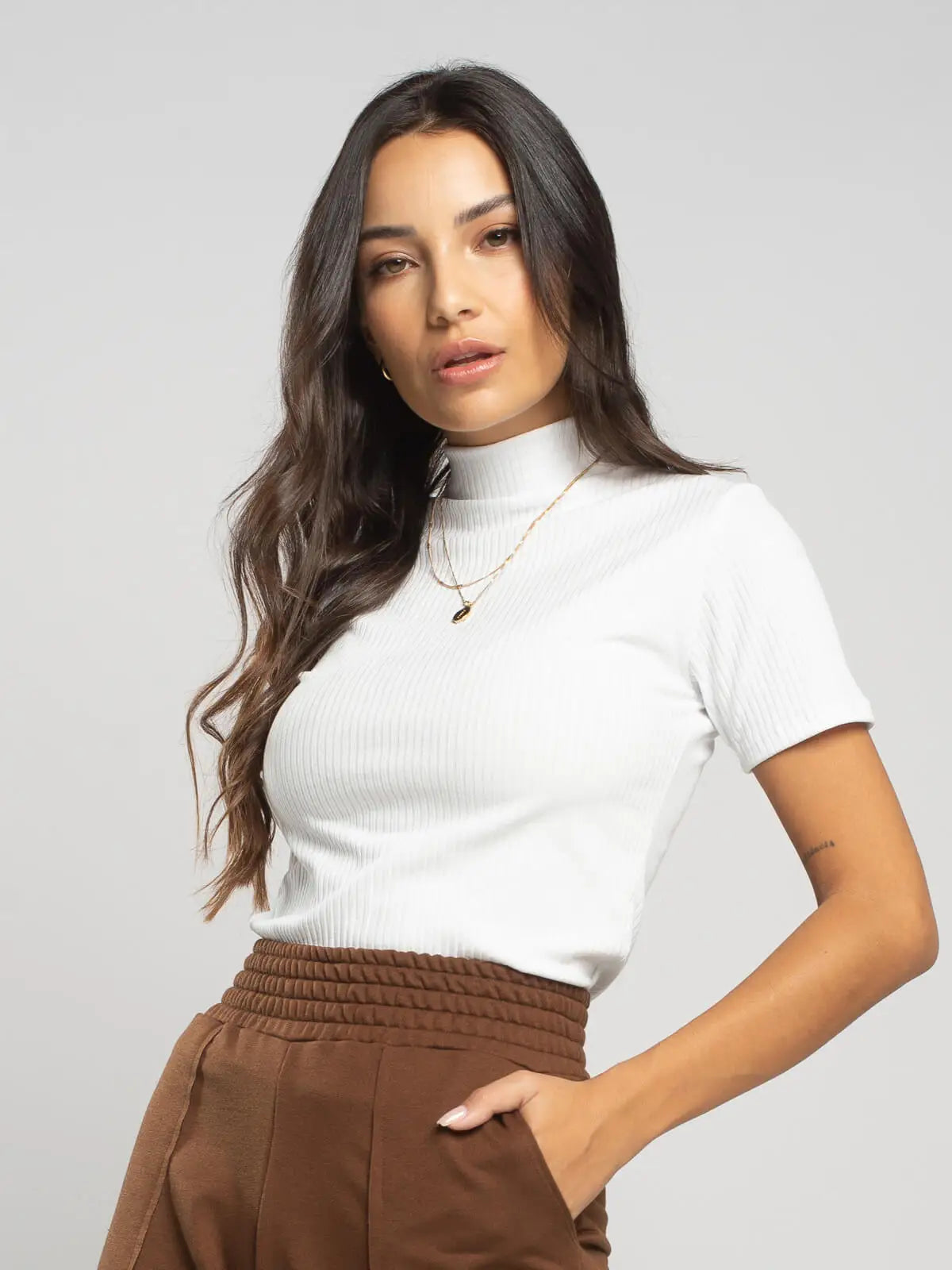 Blusa Feminina Gola Alta Canelada Manga Curta Básica Casual
