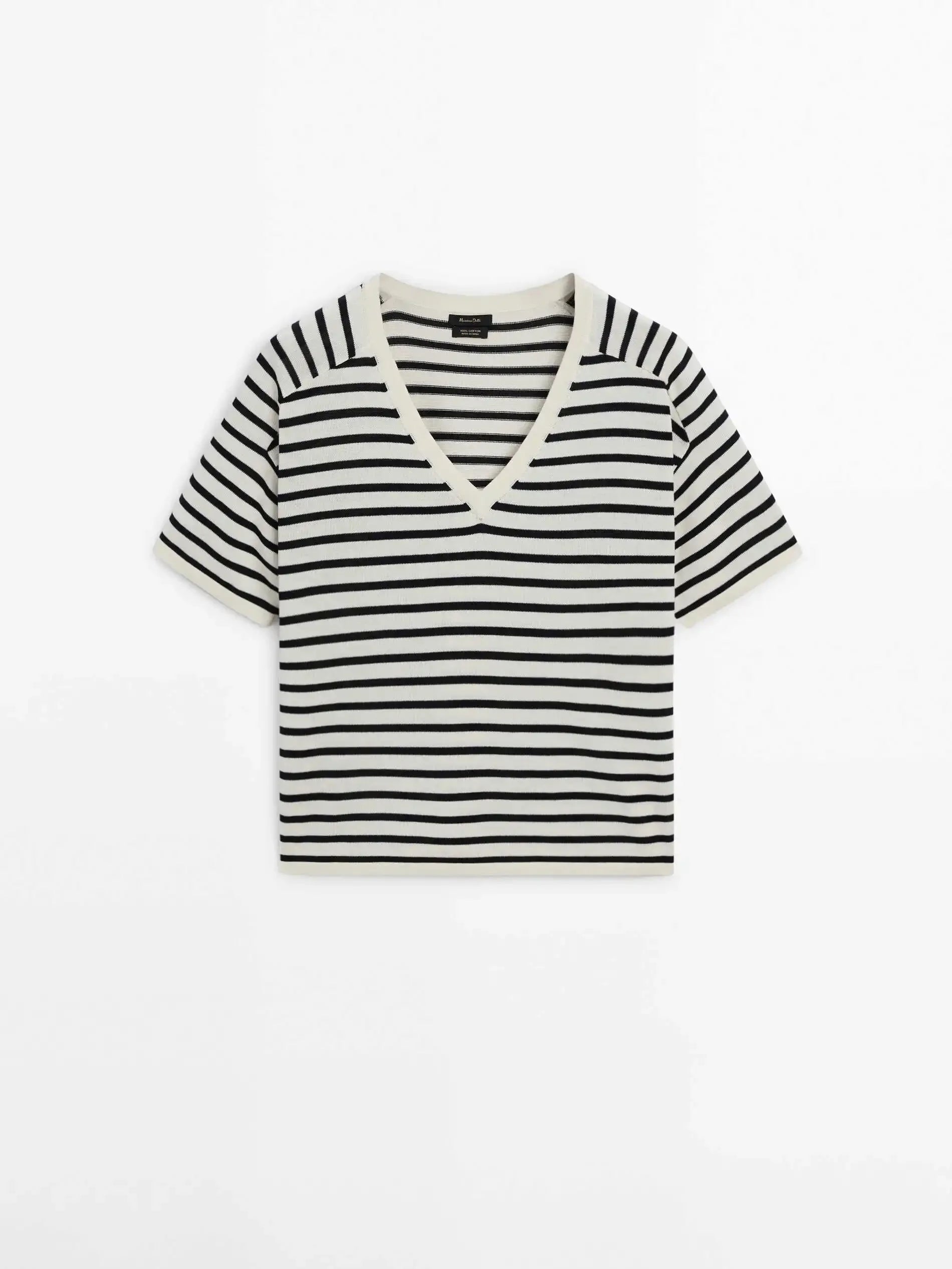 Blusa de Tricô Listrada Decote V - Manga Curta Feminina