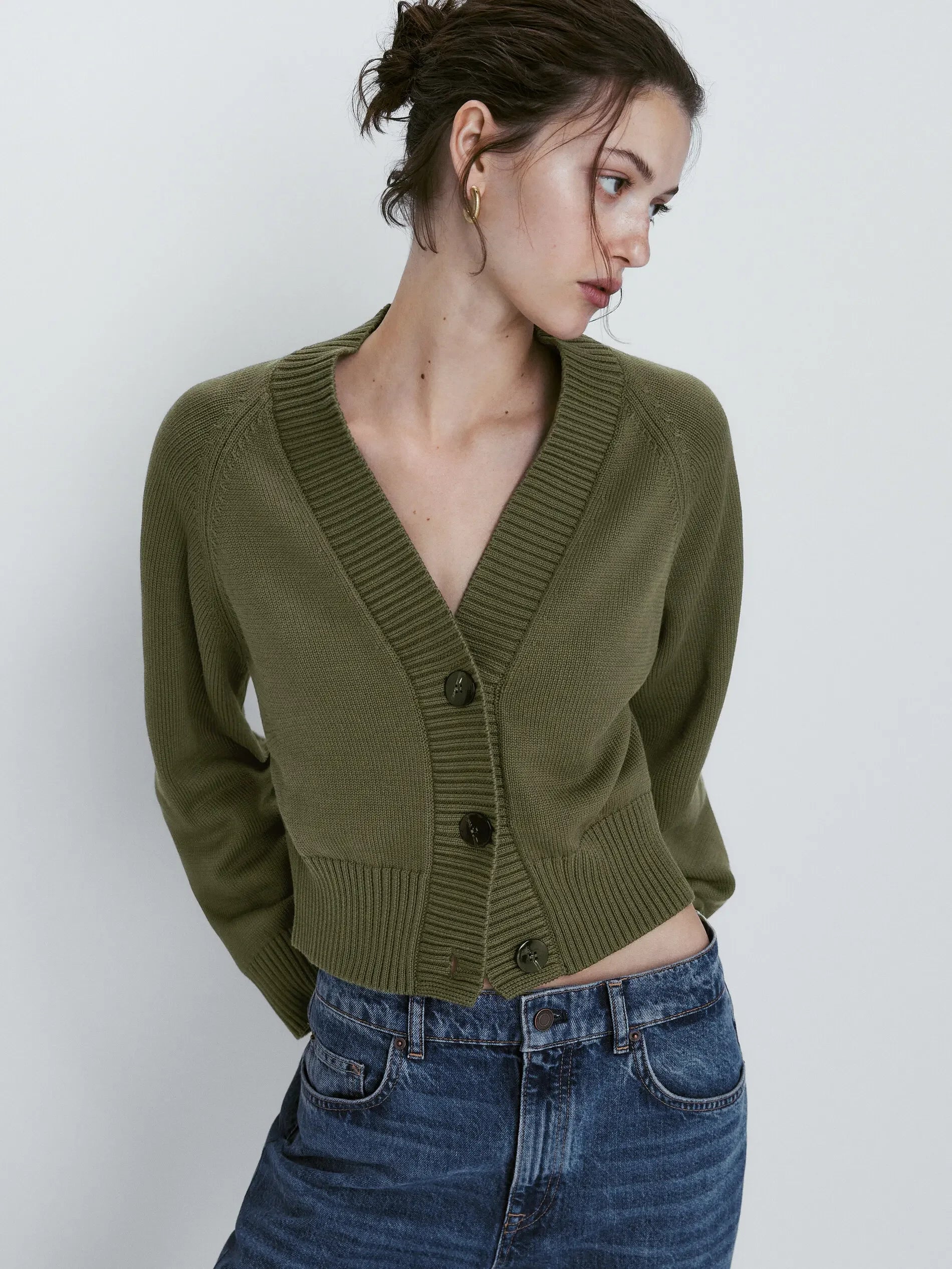 Cardigan de Tricô Decote V - Ajustado Cor Sólida Feminino