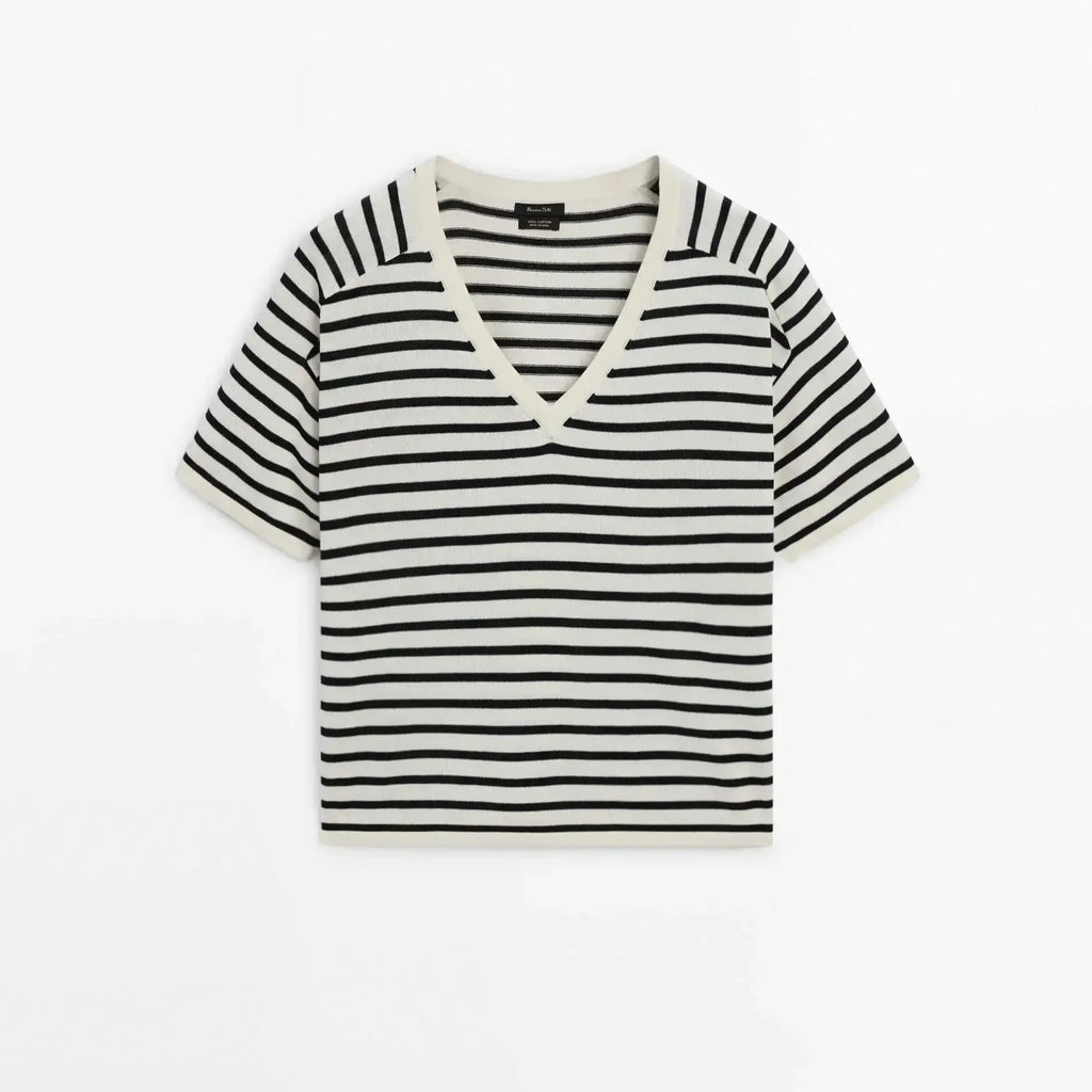 Blusa de Tricô Listrada Decote V - Manga Curta Feminina