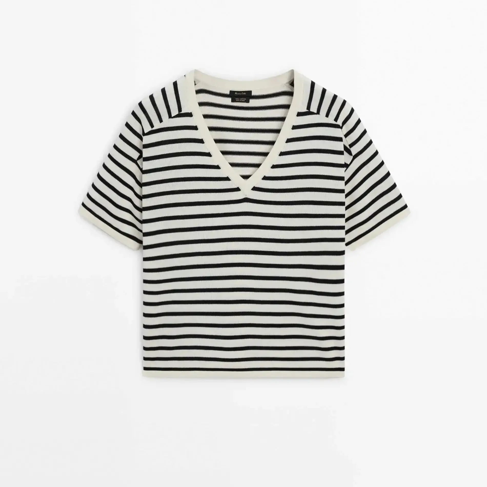 Blusa de Tricô Listrada Decote V - Manga Curta Feminina