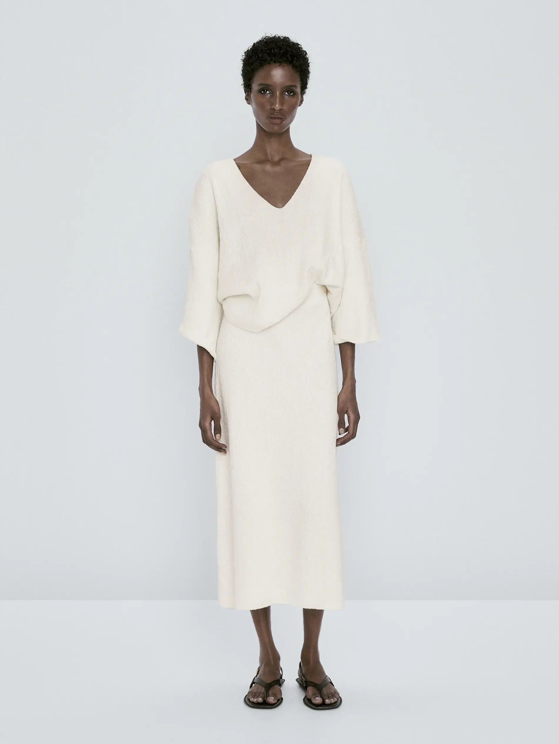 Saia de Tricô Texturizada Midi - Cor Sólida Feminina Elegante