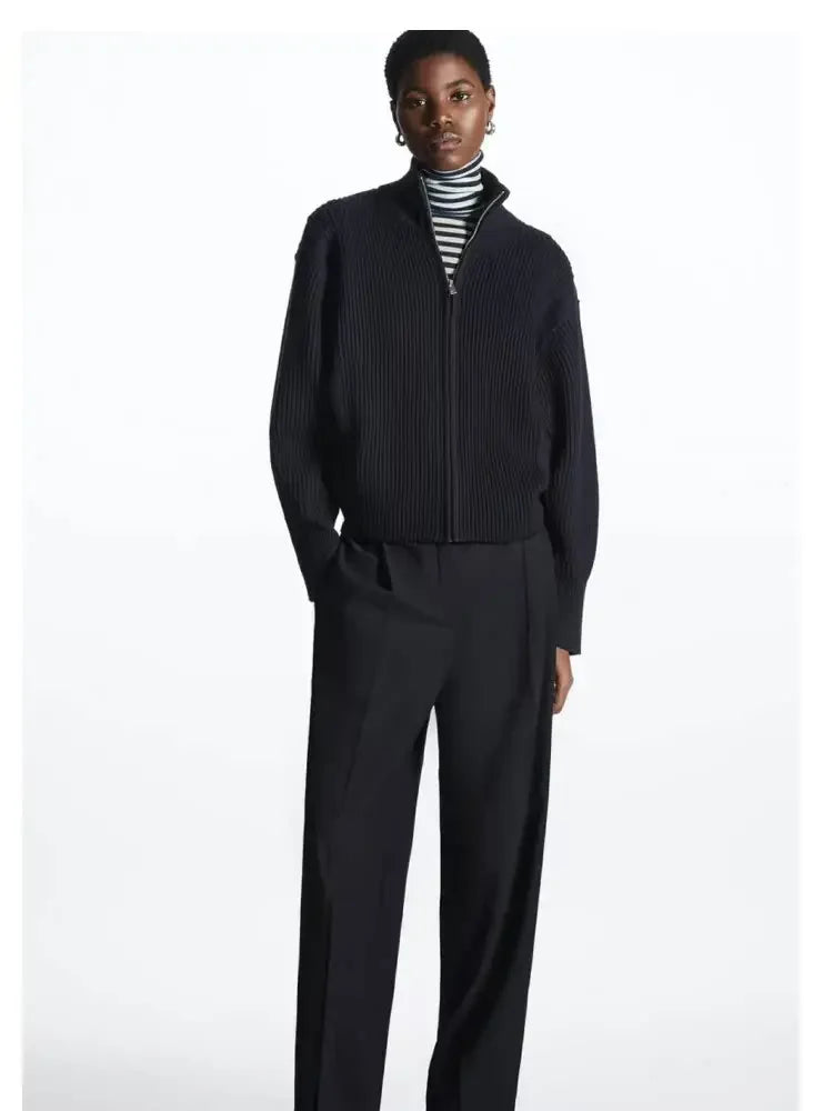 Jaqueta de Tricô Gola Alta com Zíper - Mistura de Lã Feminina