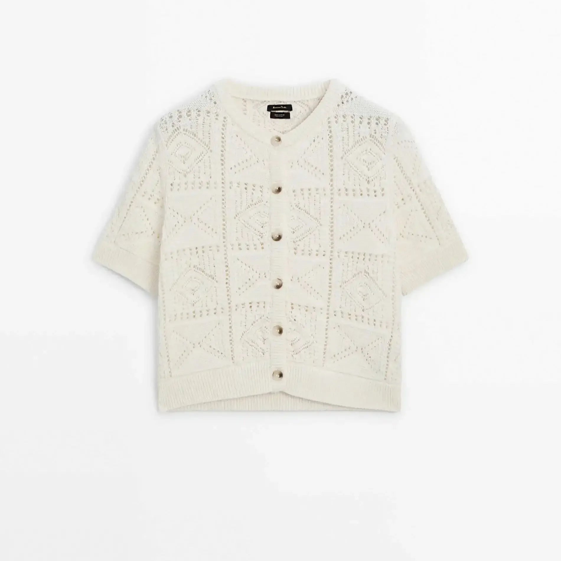 Cardigan de Tricô Vazado Romântico - Gola Redonda Manga Curta Feminino