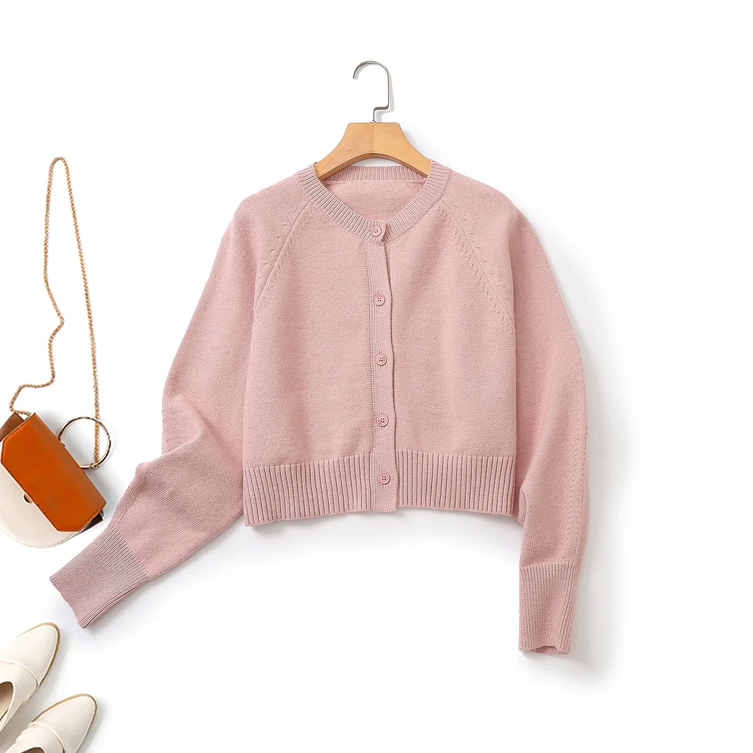 Cardigan de Tricô Rosa Curto Gola Redonda - Manga Longa Casual Feminino