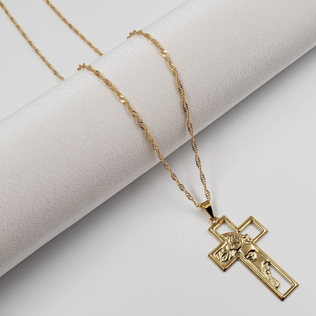 Colar Gargantilha Cruz Rosto Jesus Banhado a Ouro