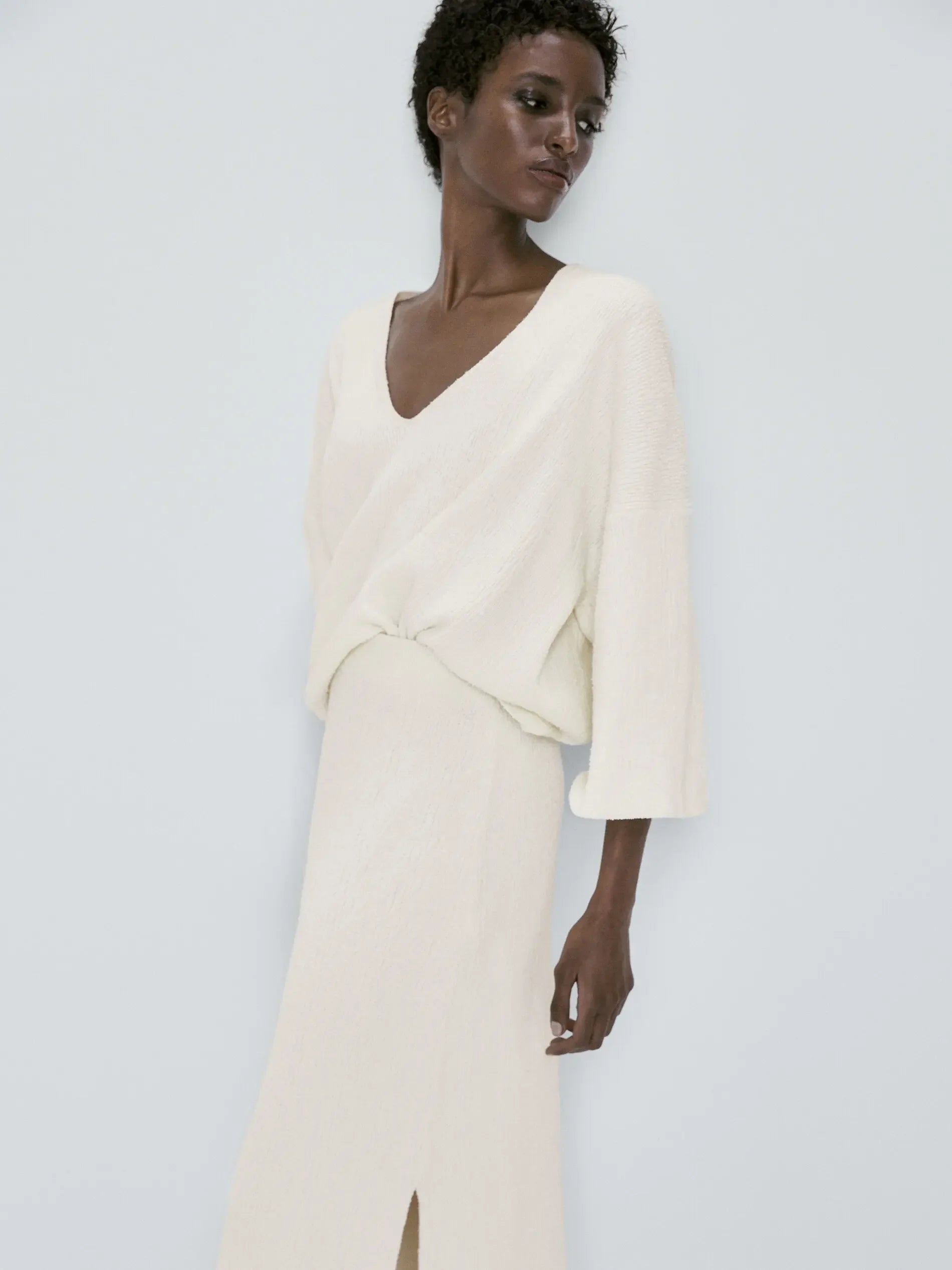 Saia de Tricô Texturizada Midi - Cor Sólida Feminina Elegante