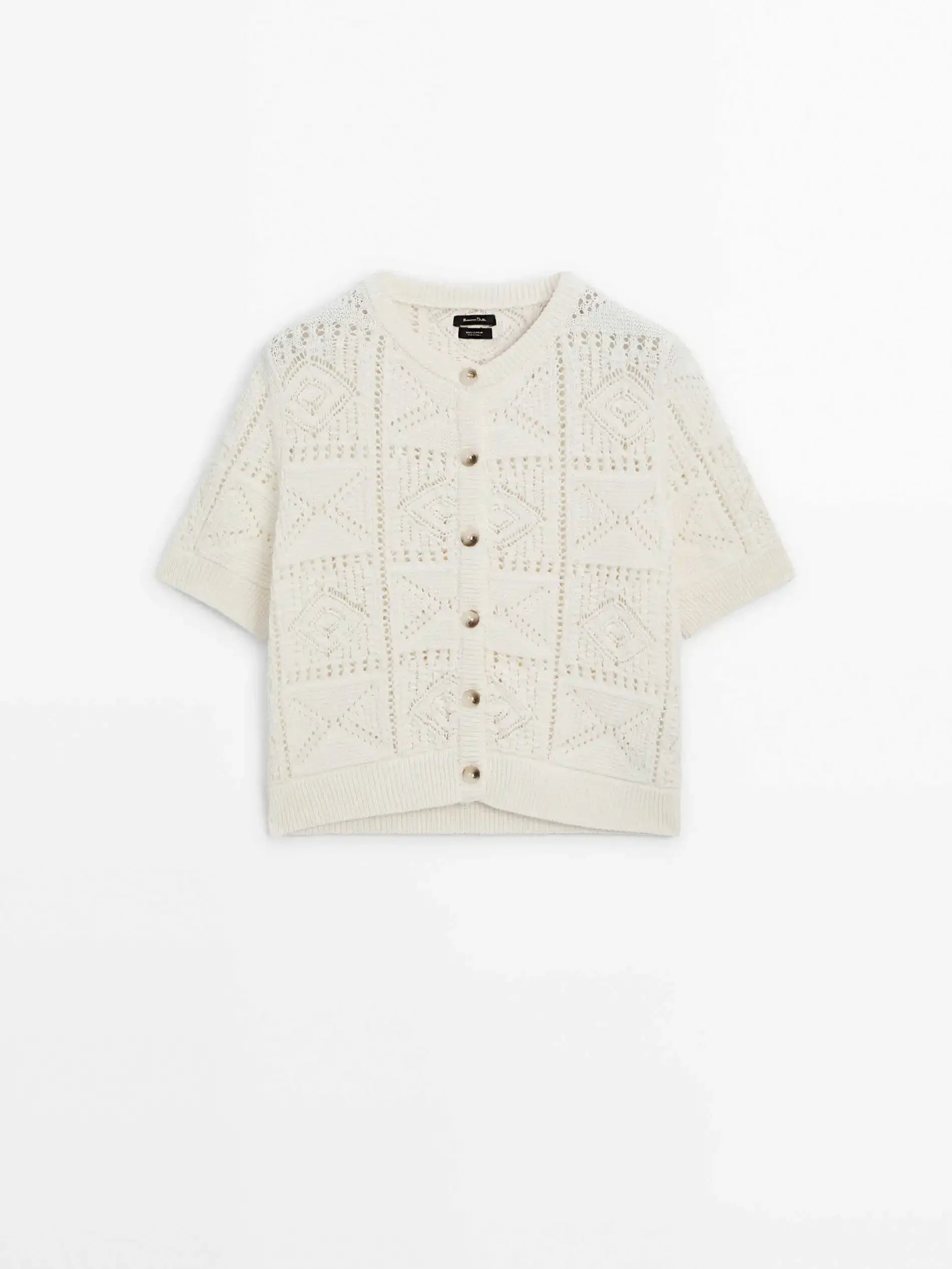 Cardigan de Tricô Vazado Romântico - Gola Redonda Manga Curta Feminino