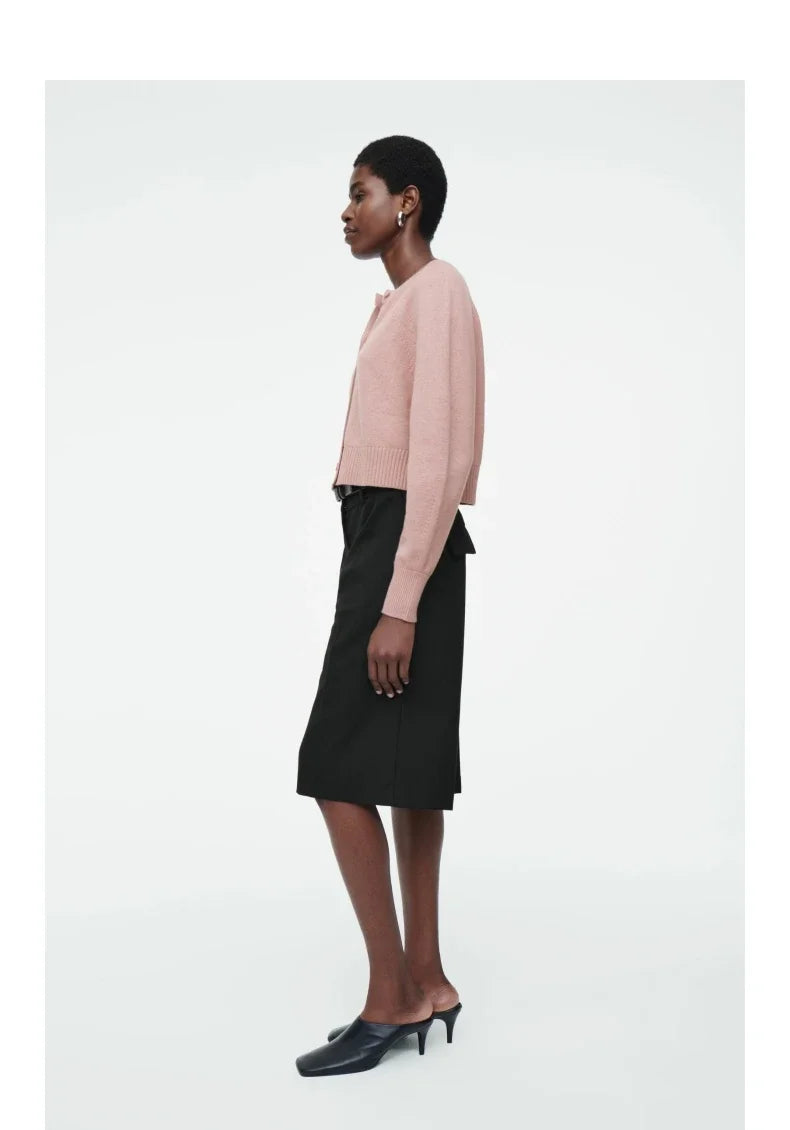 Cardigan de Tricô Rosa Curto Gola Redonda - Manga Longa Casual Feminino