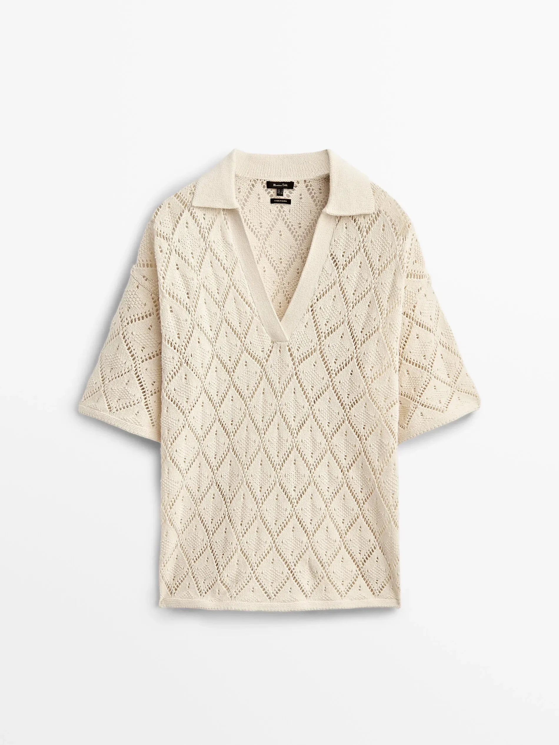 Blusa de Tricô Vazada Decote V - Marrom Claro Ajustada Feminina