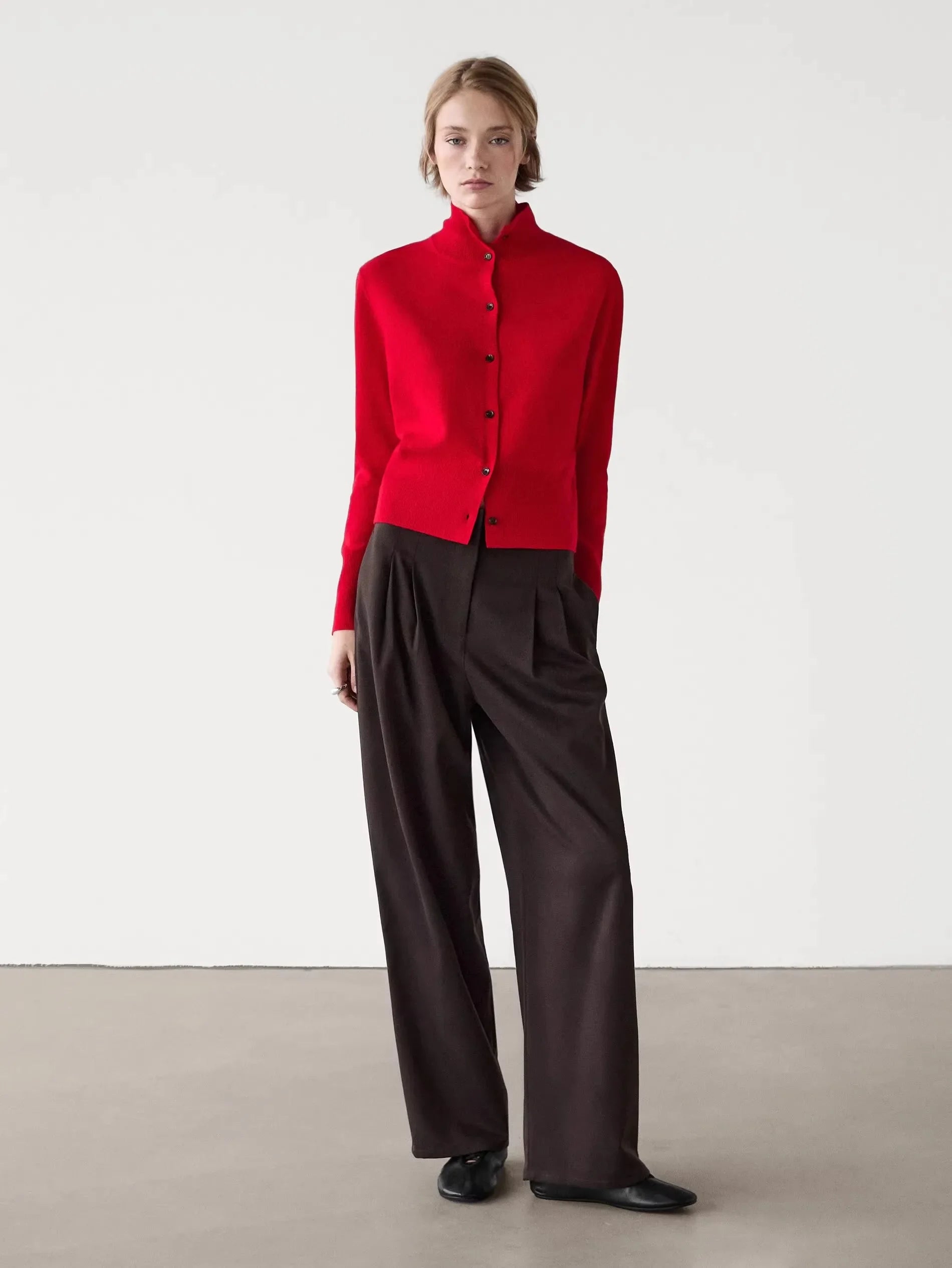 Cardigan de Tricô Minimalista Gola Alta - Manga Longa Ajustado Feminino