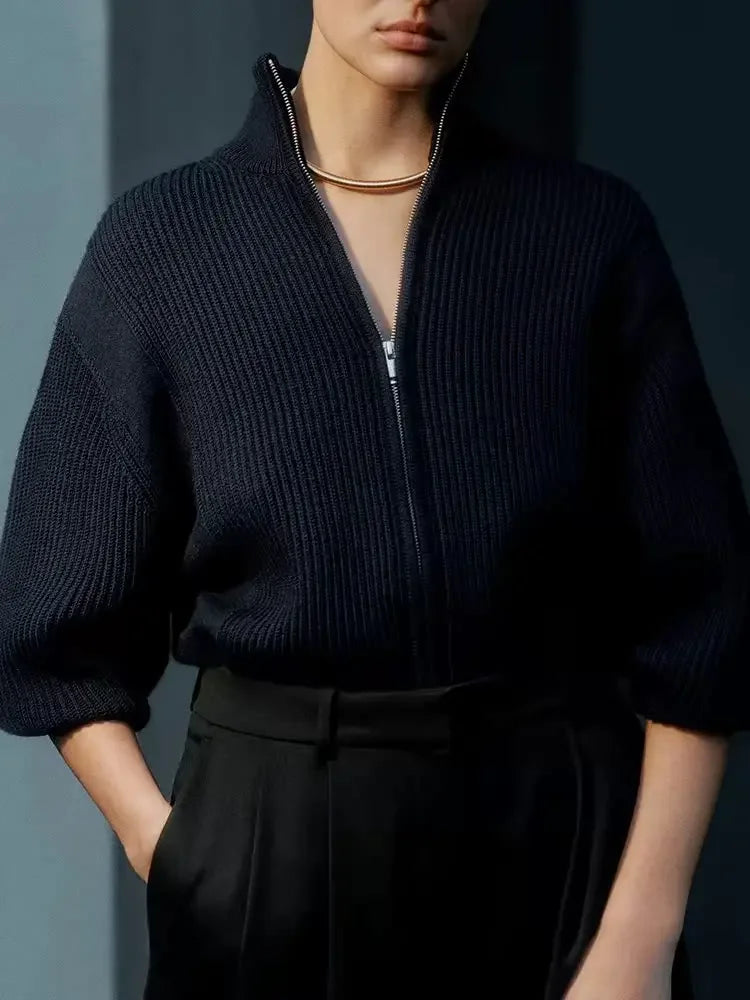 Jaqueta de Tricô Gola Alta com Zíper - Mistura de Lã Feminina