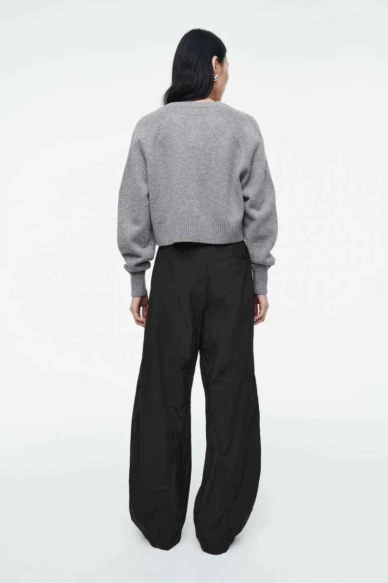 Cardigan de Tricô Cinza Gola Redonda - Manga Longa Casual Feminino