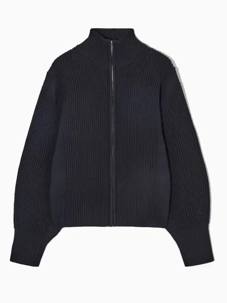 Jaqueta de Tricô Gola Alta com Zíper - Mistura de Lã Feminina