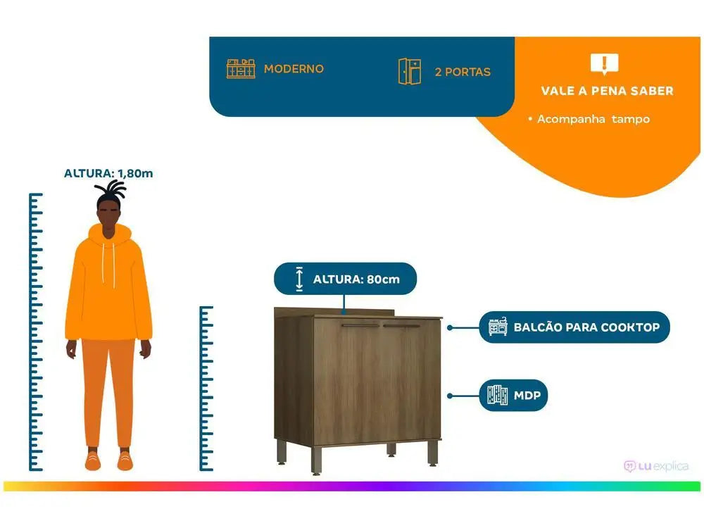 Balcão de Cozinha Luciane com Tampo para Cooktop - 2 Portas Switzerland