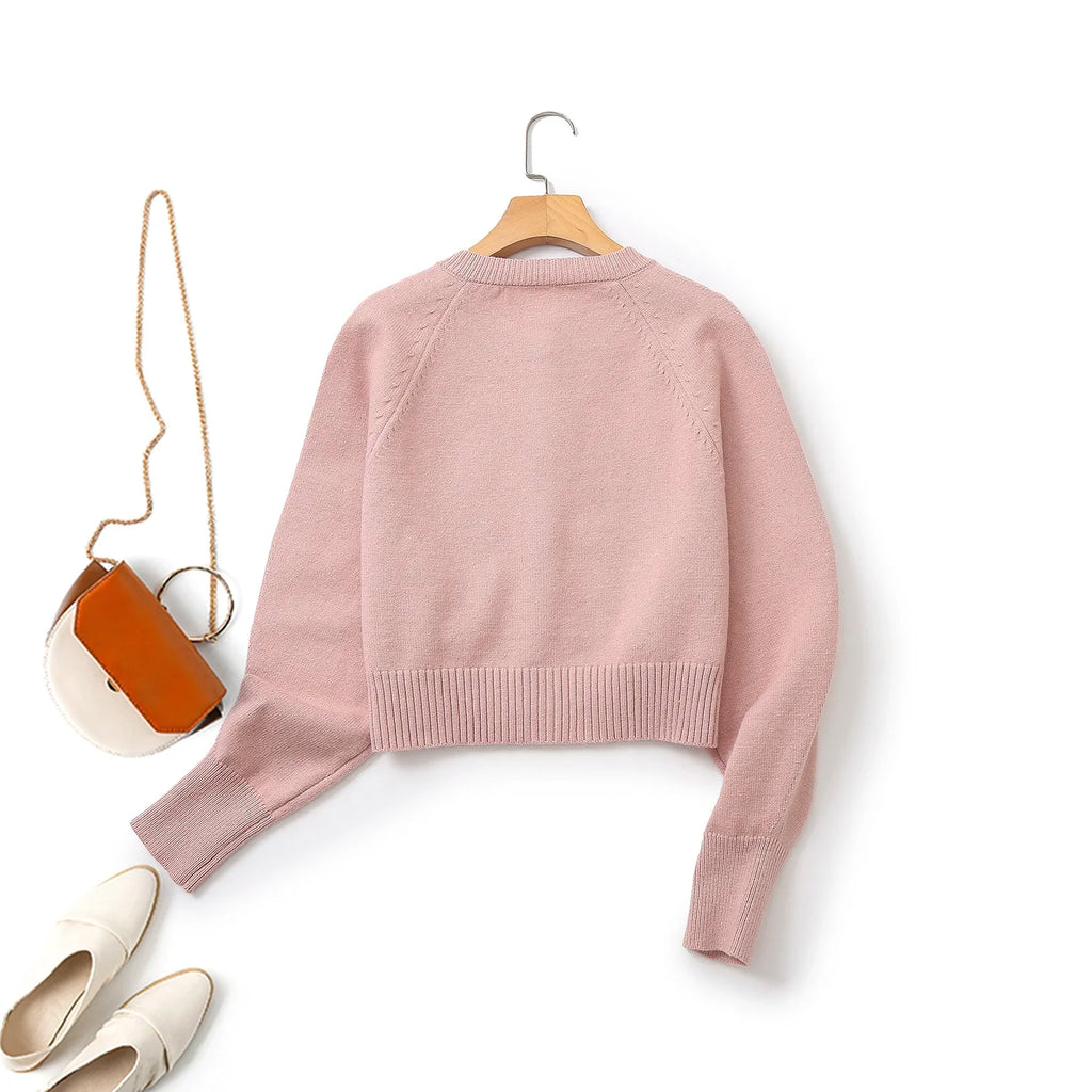 Cardigan de Tricô Rosa Curto Gola Redonda - Manga Longa Casual Feminino