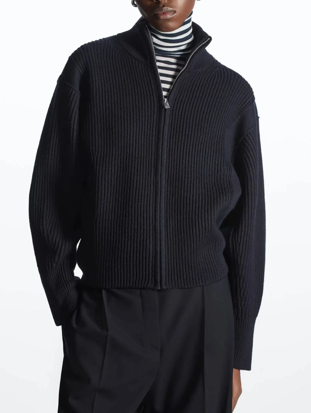 Jaqueta de Tricô Gola Alta com Zíper - Mistura de Lã Feminina